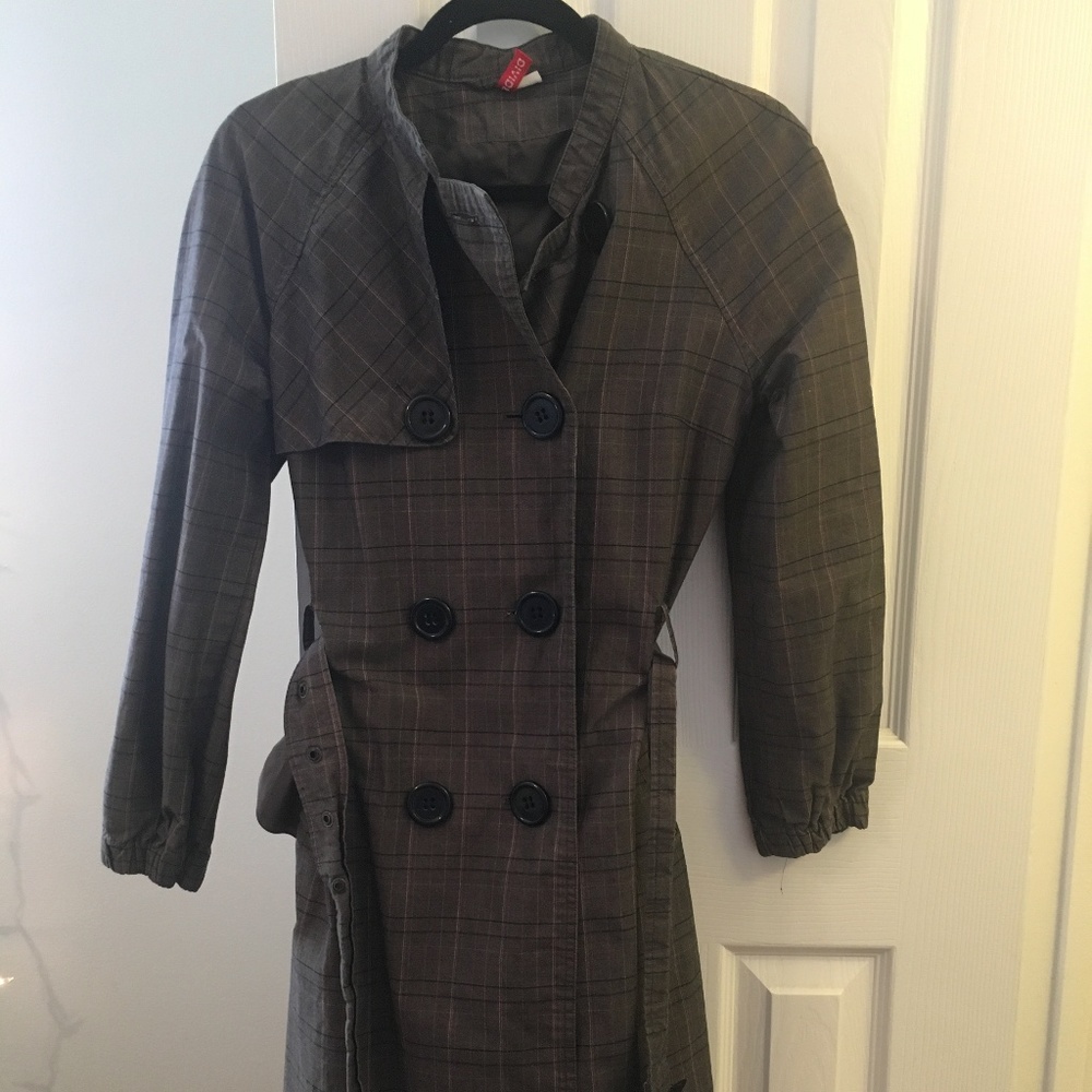 H&M Brown Plaid Double Breasted Belted Trench Coat